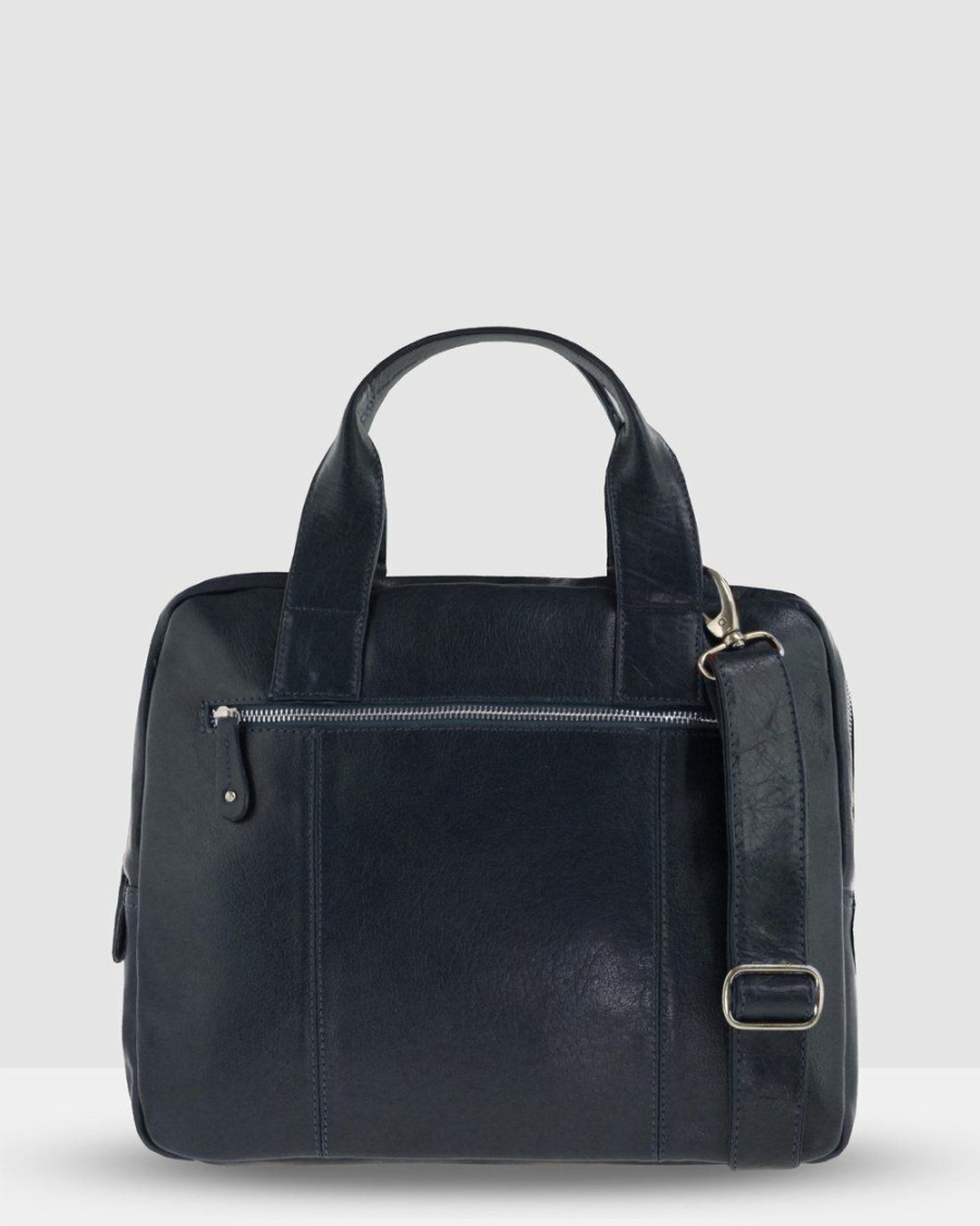 Bags * | Cobb & Co Turner Leather Laptop Satchel Navy