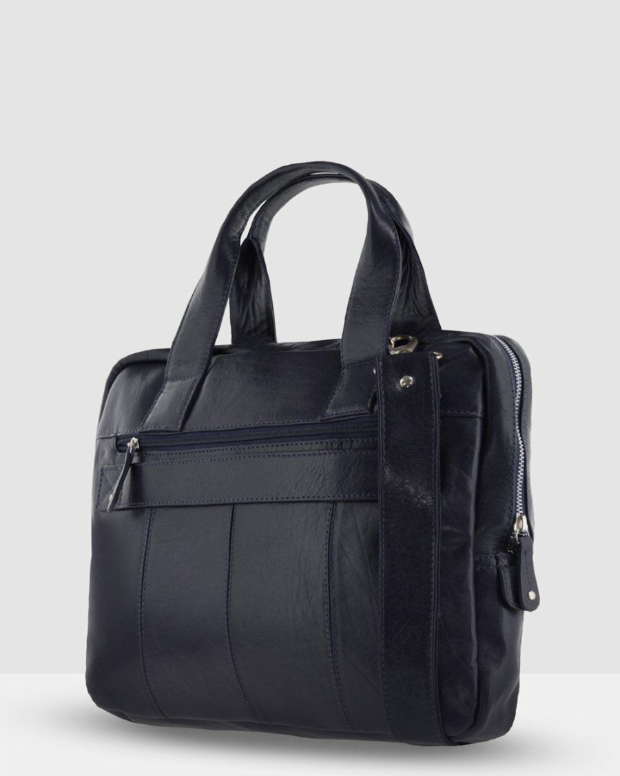 Bags * | Cobb & Co Turner Leather Laptop Satchel Navy